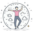 © Taras - Joyful person dancing in a whimsical circular frame with clouds and stars