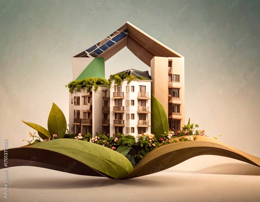 Mini Building Model Open Rood Miniature building model nestled amidst foliage on open book pages ...