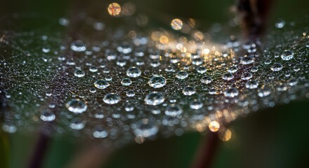 Dewcovered spiderweb water droplets clinging to the threads shimmering in the sunlight with blurred bokeh in the background