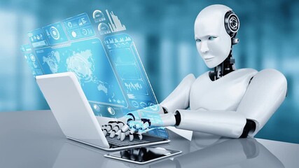 Wall Mural - robot hominoid use laptop and sit at table for big data analytic using ai thinking brain , artificia
