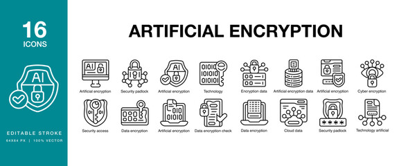 Artificial Encryption icon set. Includes encryption, technology, software, digital, data, and More. Editable Stroke Icon Collection.