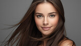 Close-Up Portrait of a Young Woman with Flowing Hair and Natural Makeup