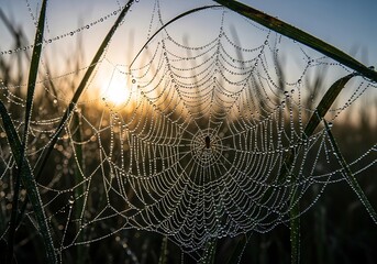 Spiderweb glistening with dew against a sunrise backdrop in nature
