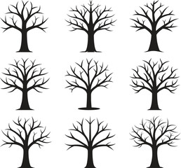 Collection of nine silhouetted bare trees in winter