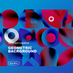Wall Mural - Vibrant geometric shapes overlap, creating dynamic blue, purple, red composition. Text promotes creative background design.