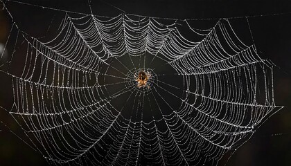 A detailed close-up view of a spiderweb, glistening with morning dew, showcasing intricate patterns and delicate threads against a dark background.