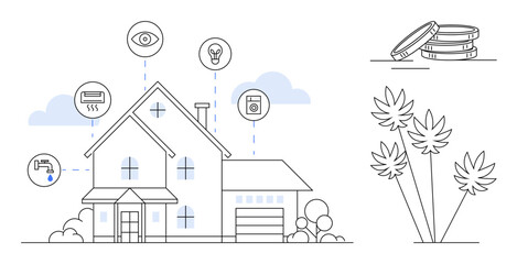 Wall Mural - Modern house linked to smart devices for lighting, security, energy, and water control. Ideal for technology, energy efficiency, home automation, sustainability, security IoT and modern living