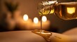 © Ura - massage of warm essential oil being poured onto skin for a relaxing spa treatment with glowing candles