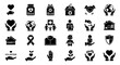 © Crushin - Charity and donation vector icon set collection of symbols representing giving, care, support, and volunteerism, including hands holding hearts, medical supplies, and donation boxes