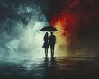 © Thares2020 - A couple silhouetted under an umbrella stands in a dramatic contrast of storm and light reflecting their emotional journey