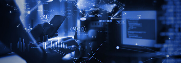 data science and engineering with ai, digital technology, tech background. software engineer using a