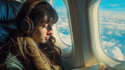 Wall Mural - A woman looks out the airplane window with headphones on, offering a moment of relaxation during flight