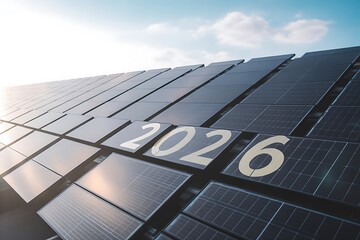 Embrace the future of sustainable energy with a vast array of solar panels reflecting the bright sky and conveying a powerful message of progress for 2026.