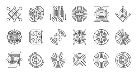 Monochrome collection of hi-tech abstract icons and futuristic symbols. Set of circuit board patterns and HUD interface elements in a clean line art style