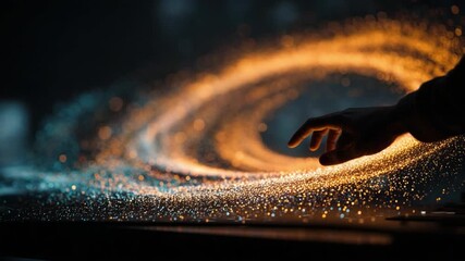 Wall Mural - Hand Touching Colorful Glow in Dark Environment Creating Light Trail Abstract Concept of Creativity and Imagination