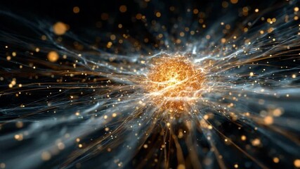 Wall Mural - Abstract digital art featuring glowing particles in motion with bright sphere at center creating energetic vibes