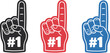 © Mahmud's World - Colorful foam finger number one hand symbols in black, red, and blue design, sports fan cheering accessory illustration for celebration.