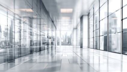  Modern, empty office hallway with city views