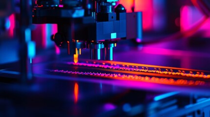 Wall Mural - Vivid close up of advanced technology at work. Stunning neon lights illuminate precision machinery. Explore the future of innovation and design. Generative AI