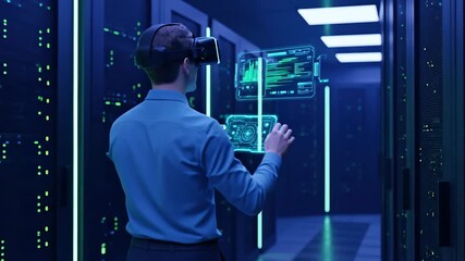 Man in vr headset analyzing virtual data in server room. Programmer working with digital interface and holograms. Futuristic technology footage.