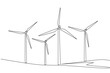 © Simple Line - Single one line drawing some windmills in the meadow. Drive the milling machine. Technology that helps humans. View in countryside. National Windmill Day. Continuous line design graphic illustration