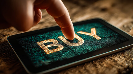 Finger presses buy button on tablet screen lying on wooden table