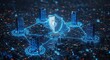 © Art - Digital network with shield icon connecting buildings over a city background.
