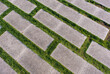 a rectangular pavement pattern featuring alternating light grey concrete slabs and narrow green grass strips