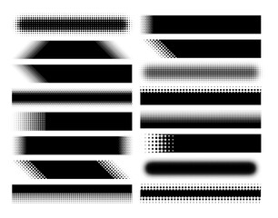 Wall Mural - Halftone title frame. Black halftone dotted banners with fading gradient dot textures, rectangular and rounded bars. Retro pop art comic design elements for posters, prints, web layouts. Vector set