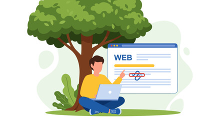 Man working on laptop under tree with web page on screen.