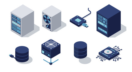 Isometric technology equipment featuring servers, hard drives, and computer components