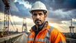 © Hypnotics 14 - Wide-angle cinematic photo of male engineer inspecting bridge construction, sharp eyes filled with determination, dramatic cloudy sky and large structure behind