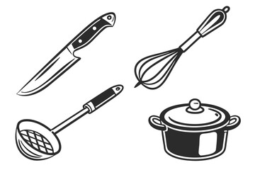 Kitchen Utensils Collection Knife Whisk Ladle Pot.