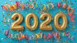 © Valentina Studio - Celebratory Gold Glitter Numbers Representing the Year 2020 Surrounded by Colorful Confetti and Streamers on a Bright Blue Background