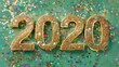 © Valentina Studio - A Festive Glimpse of 2020 with Glittering Golden Numbers Surrounded by Colorful Confetti on a Vibrant Teal Background for Celebratory Vibes