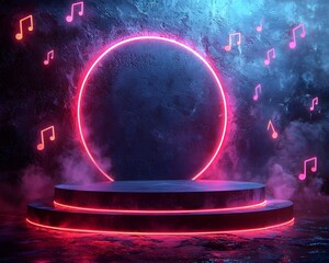 Wall Mural - a glowing neon circle surrounds an empty podium on a dark background with scattered musical notes an
