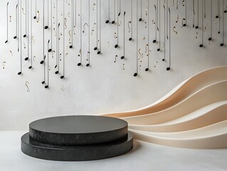 Wall Mural - a modern studio background with a dark circular podium and decorative musical notes suggesting a spa