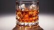 © Boomanoid - A crystal glass of whiskey with ice stands on a wooden table in a cafe. Leisure theme.