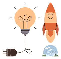 Wall Mural - Light bulb with plug, rocket symbolizing innovation and progress, and factory emitting vapor. Ideal for creativity, renewable energy, progress, innovation, industrial growth, startups energy