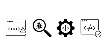 Coding and software development icons featuring code bugs debugging testing and programming concepts