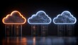 © FERRY - Cloud Computing Servers with Glowing Neon Clouds Representing Data Storage and Network Infrastructure.
