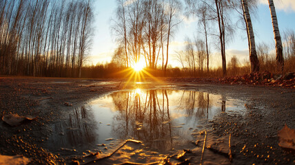Wall Mural - fisheye reflection capturing birch trees mirroring golden sunset glow within urban puddle, highlight