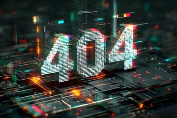 Futuristic 404 error message in digital circuit board design for cutting-edge technology and modern website concepts