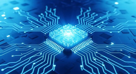 Brilliant blue illuminated central processor chip with glowing circuit board pathways expanding outward