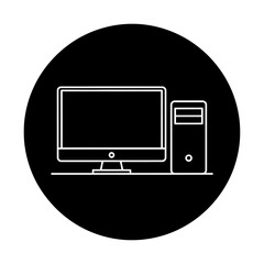 Vector art of a minimalist white line drawing of a desktop computer, including a monitor and tower, on a black circular background, representing technology and computing