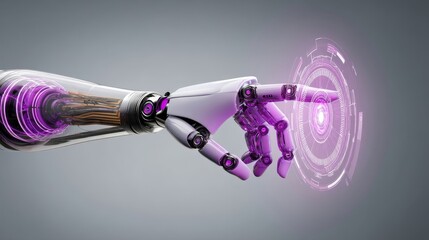 A futuristic robotic arm interacts with a glowing circular holographic interface,
