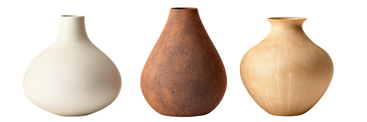 Three ceramic vases with varied textures and shapes isolated on a transparent background
