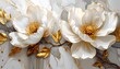 © Maulana - Two opulent white flowers with gold accents, set against a grey and white marble background, showcase intricate detailing and a luxurious aesthetic.