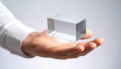 Human Hand Gently Supporting a Minimalist Transparent Rectangular Prism