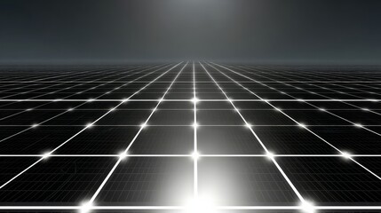 An array of solar panels extends under a gradient sky, reflecting light and symbolizing renewable energy,